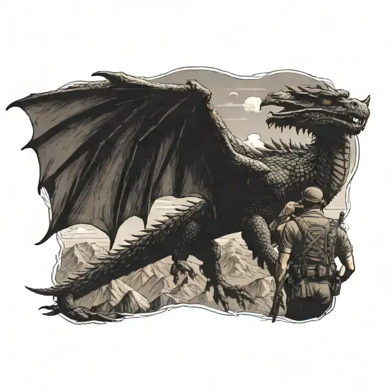 A Marine Corps Veteran Saluting With A Dragon Flying Above And A Mountain Range In The Background