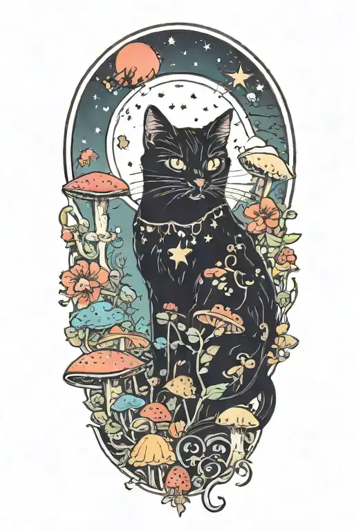 Black Cat With Colorful Mushrooms And Crescent Moon And Clouds And Stars