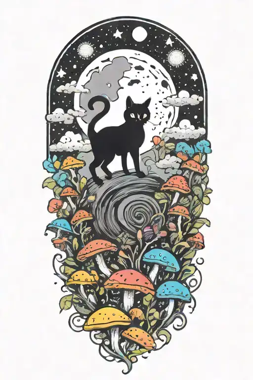 Black Cat With Colorful Mushrooms And Crescent Moon And Clouds And Stars