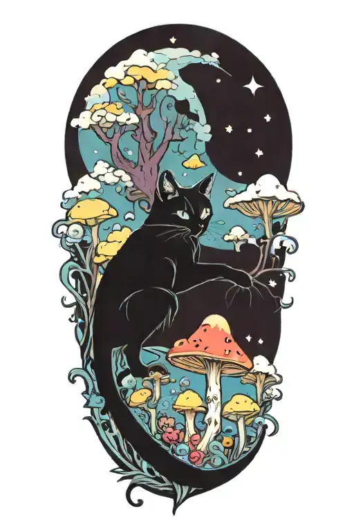 Black Cat With Colorful Mushrooms And Crescent Moon And Clouds And Stars Melting