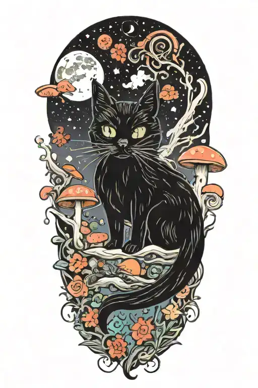 Black Cat With Colorful Mushrooms And Crescent Moon And Clouds And Stars Melting