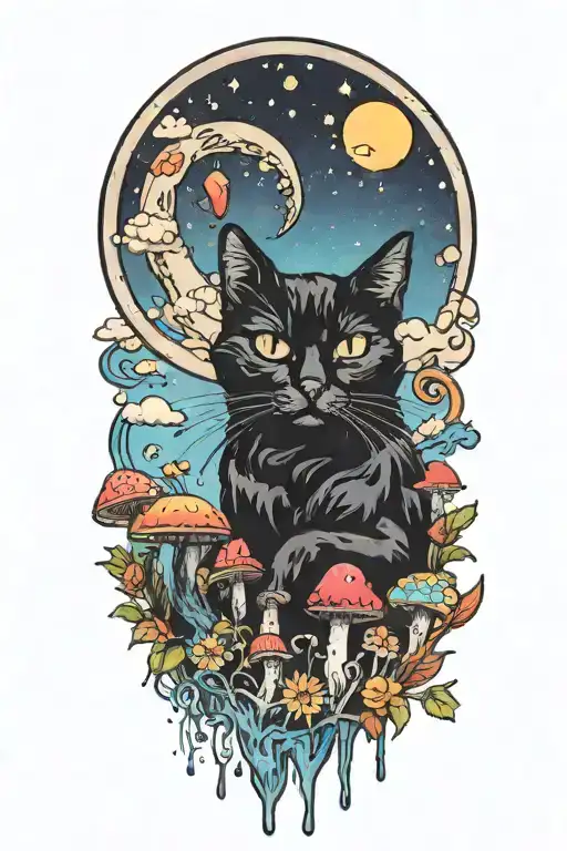 Black Cat With Colorful Mushrooms And Crescent Moon And Clouds And Stars Melting