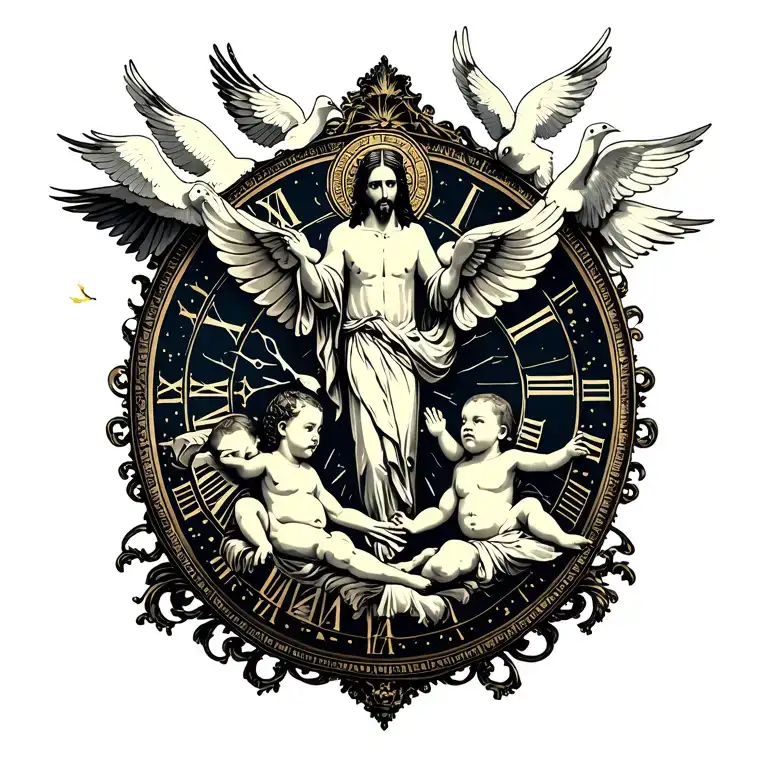Jesus Heaven Clouds Doves Baby An Angel And A Clock
