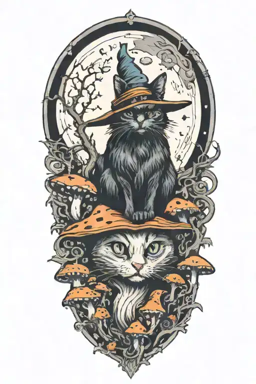 Witch Cat With Moon And Colorful Mushrooms
