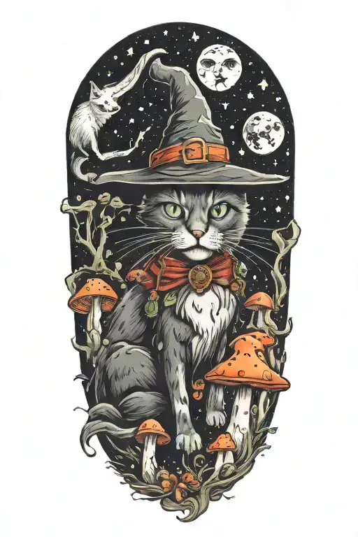 Witch Cat With Moon And Colorful Mushrooms