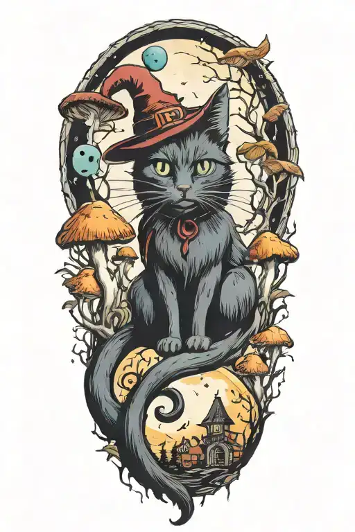 Witch Cat With Moon And Colorful Mushrooms