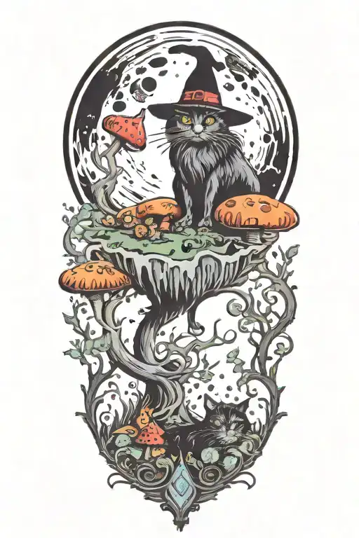 Witch Cat With Moon And Colorful Mushrooms