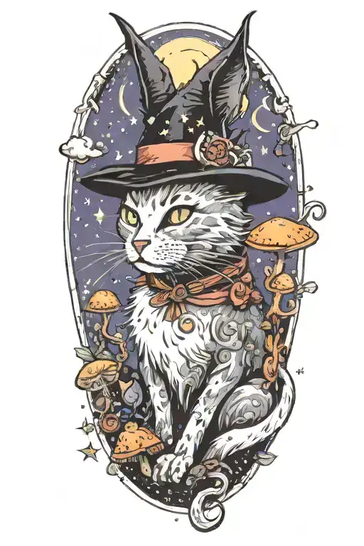 Witch Cat With Moon And Stars And Colorful Mushrooms