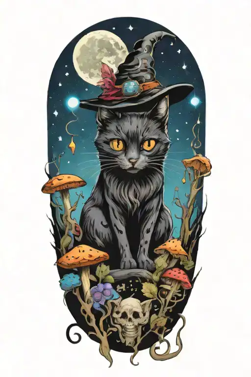 Witch Cat With Moon And Stars And Colorful Mushrooms And Bats