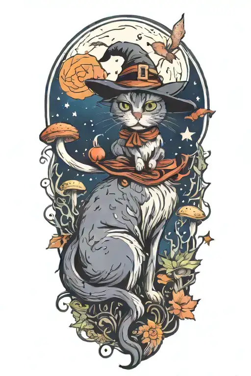 Witch Cat With Moon And Stars And Colorful Mushrooms And Bats