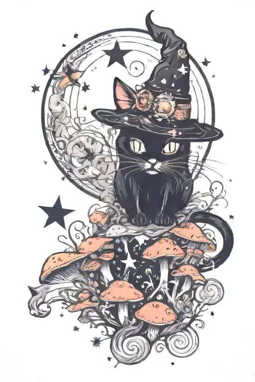 Witch Cat With Moon And Stars And Colorful Mushrooms Trippy
