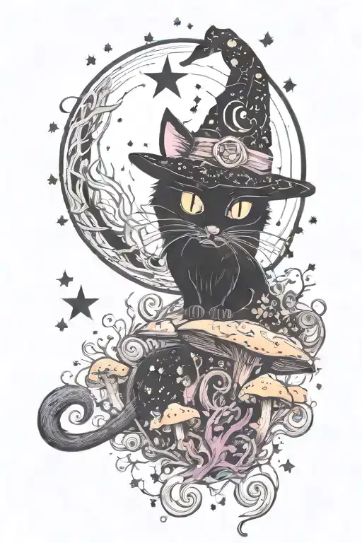 Witch Cat With Moon And Stars And Colorful Mushrooms Trippy