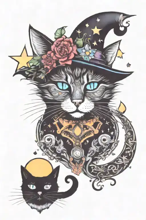 Witch Cat With Moon And Stars And Colorful Mushrooms Trippy
