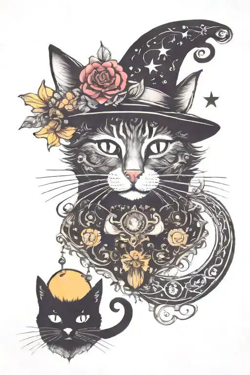 Witch Cat With Moon And Stars And Colorful Mushrooms Trippy