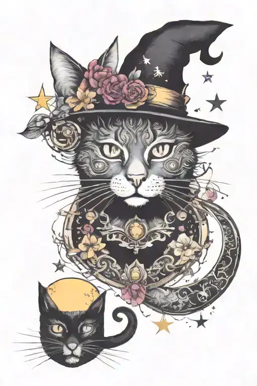 Witch Cat With Moon And Stars And Colorful Mushrooms Trippy