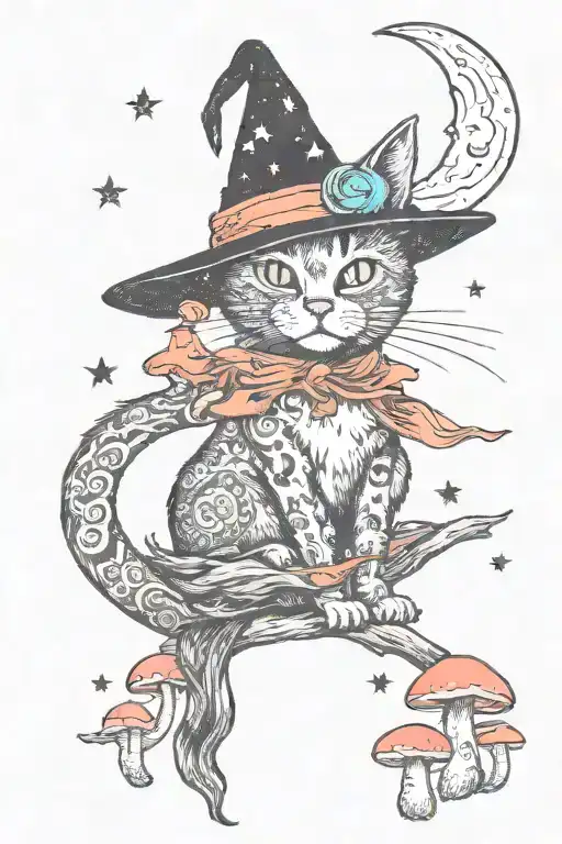 Witch Cat With Moon And Stars And Colorful Mushrooms Trippy