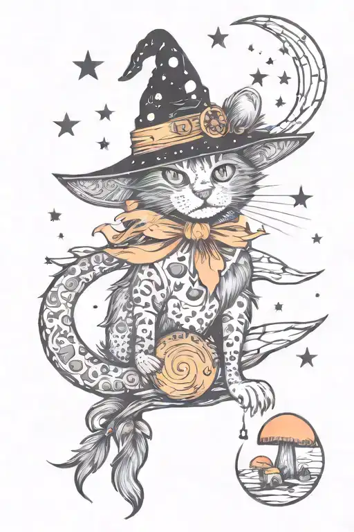 Witch Cat With Moon And Stars And Colorful Mushrooms Trippy
