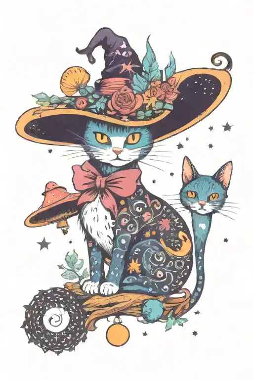 Witch Cat With Moon And Stars And Colorful Mushrooms Trippy