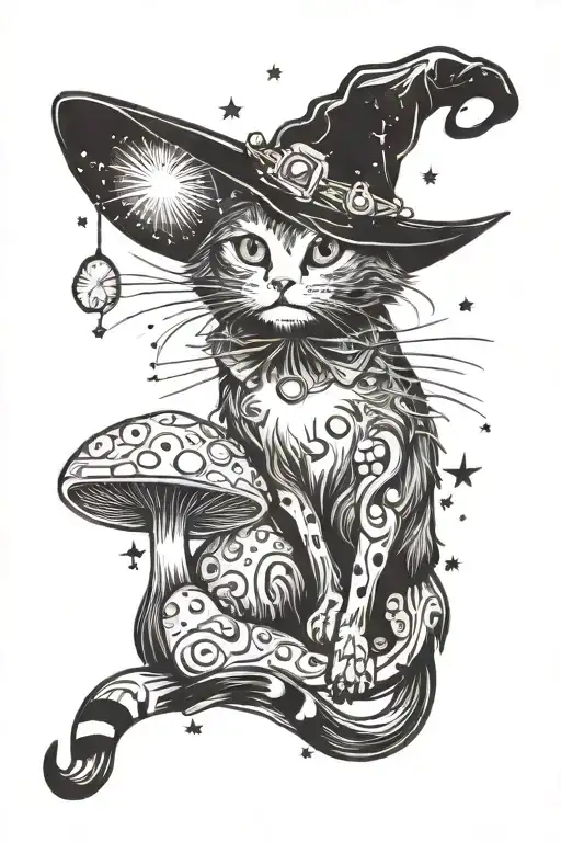 Witch Cat With Moon And Stars And Colorful Mushrooms Trippy