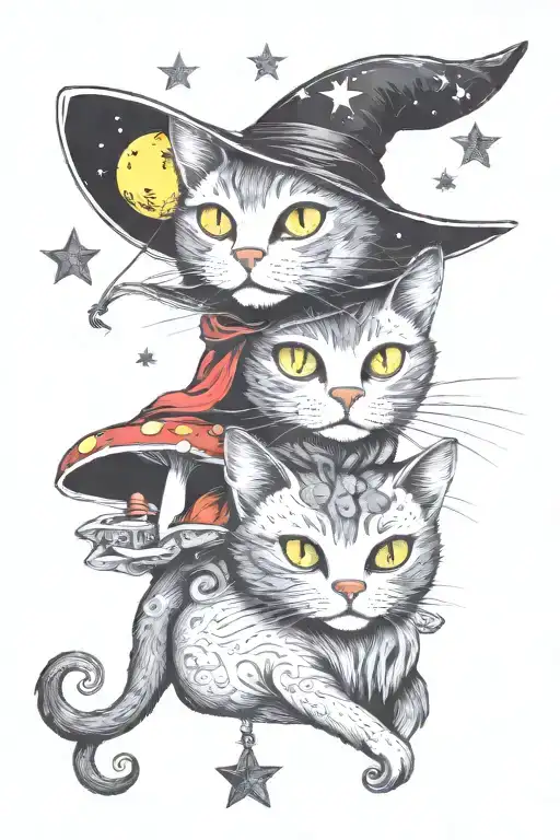 Witch Cat With Moon And Stars And Colorful Mushrooms Trippy