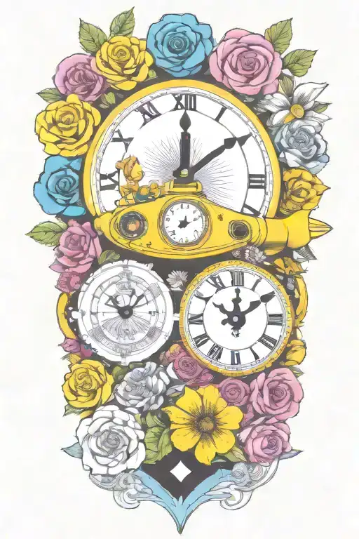 Yellow Submarine With Colorful Flowers And Clock And Rainbow