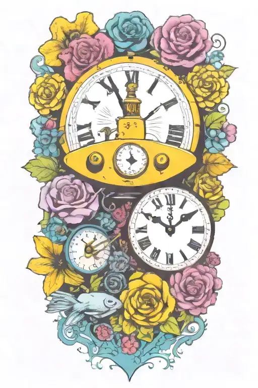 Yellow Submarine With Colorful Flowers And Clock And Rainbow