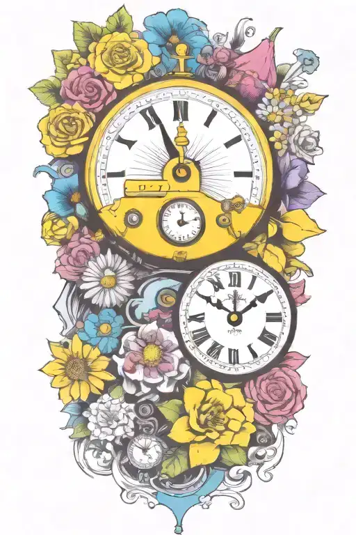 Yellow Submarine With Colorful Flowers And Clock And Rainbow