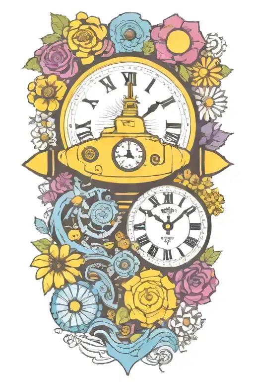 Yellow Submarine With Colorful Flowers And Clock And Rainbow