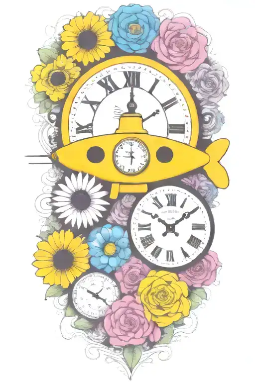 Yellow Submarine With Colorful Flowers And Clock And Rainbow