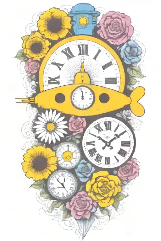 Yellow Submarine With Colorful Flowers And Clock And Rainbow