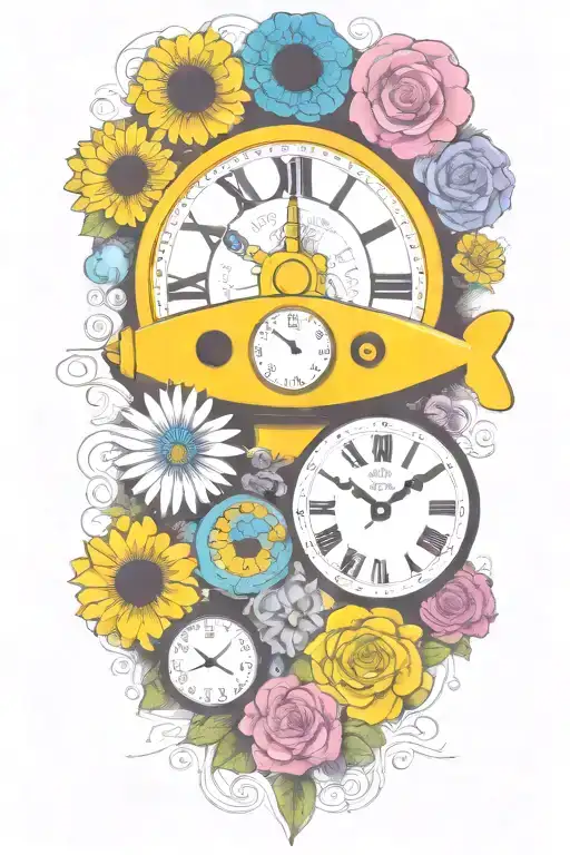 Yellow Submarine With Colorful Flowers And Clock And Rainbow