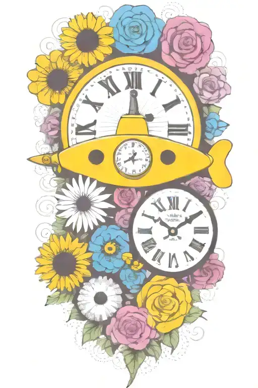 Yellow Submarine With Colorful Flowers And Clock And Rainbow