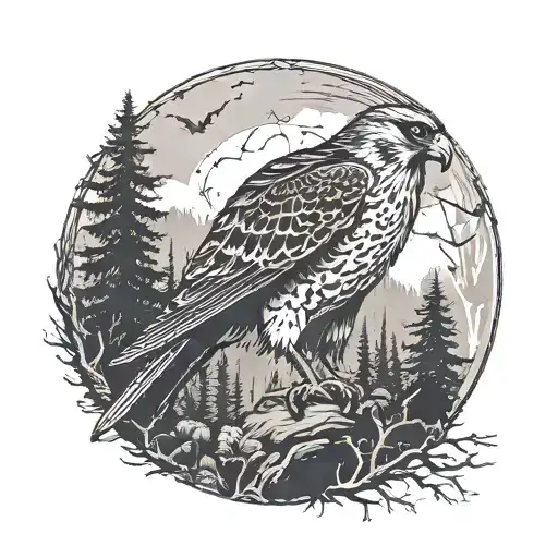 Falcon Against The Background Of Forest And Nature