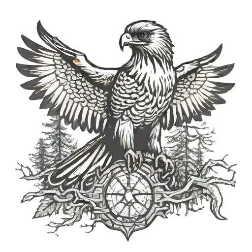 Falcon Against The Background Of The Forest