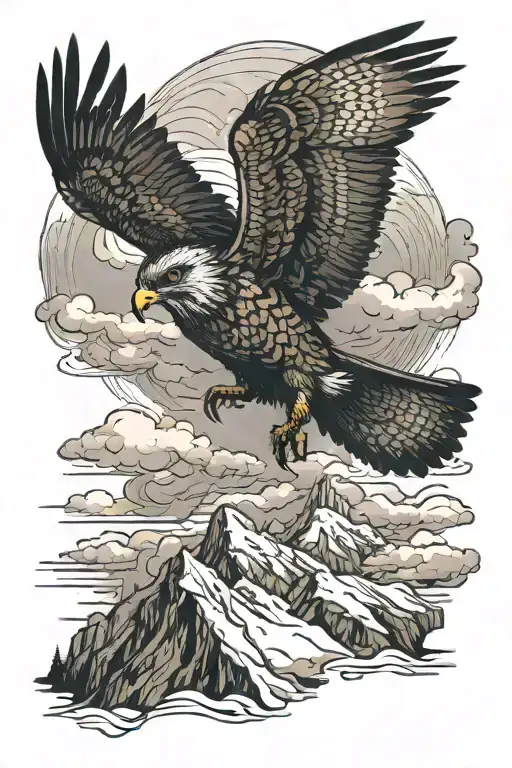 Flying Little Falcon Against The Background Of Snowy Mountains And Clouds