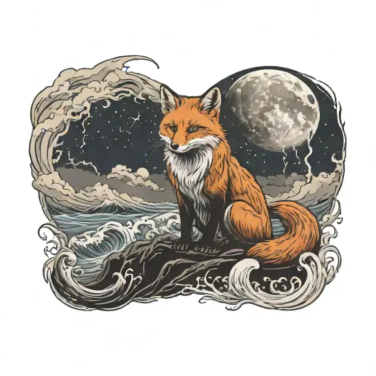 Fox Sitting With He Moon And A Wave Crashin In The Background