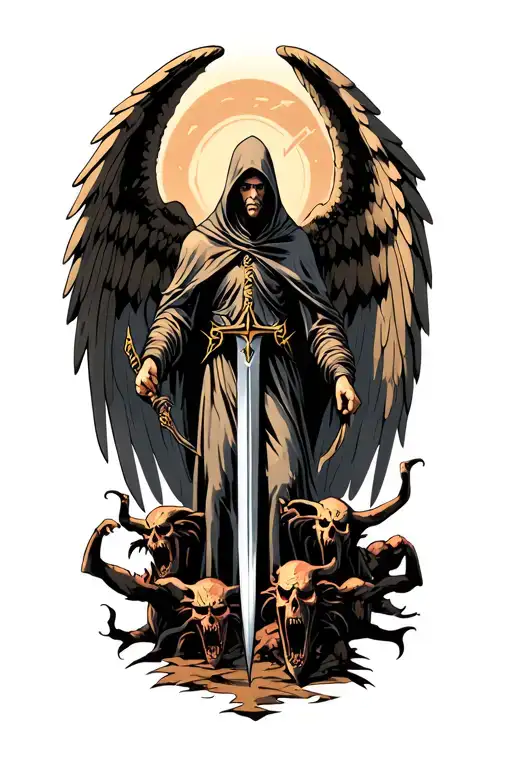 Hooded Arch Angel With Sword In Right Hand Standing On Demons