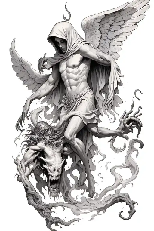 Hooded Arch Angel Defeating A Demon