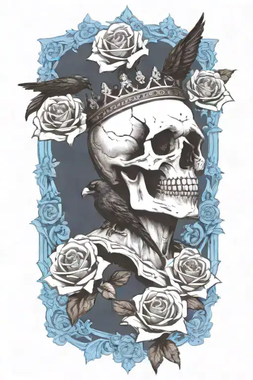 Skull Wearing Crown With Raven On Skull And Blue Roses
