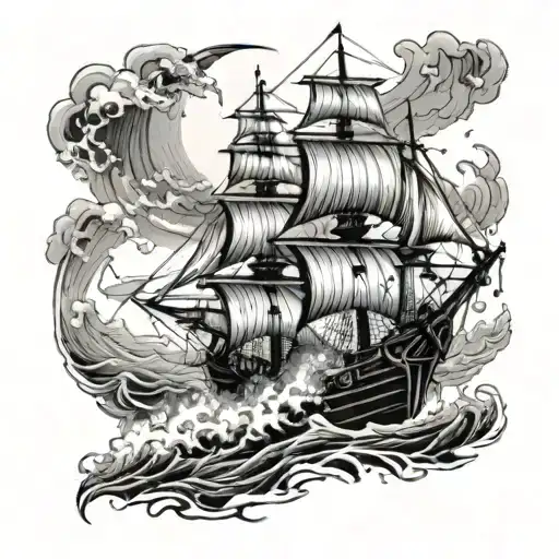 Pirate Ship Sailing Through Stormy