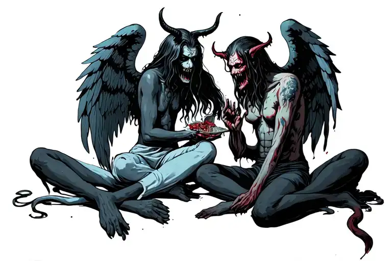 Angel And Demon Sitting Playing Chest With Lives