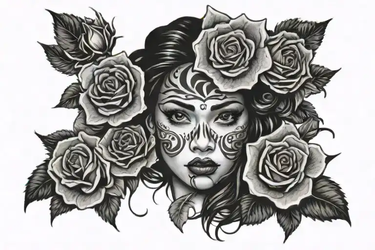 Hawaiian Girl Face With Roses