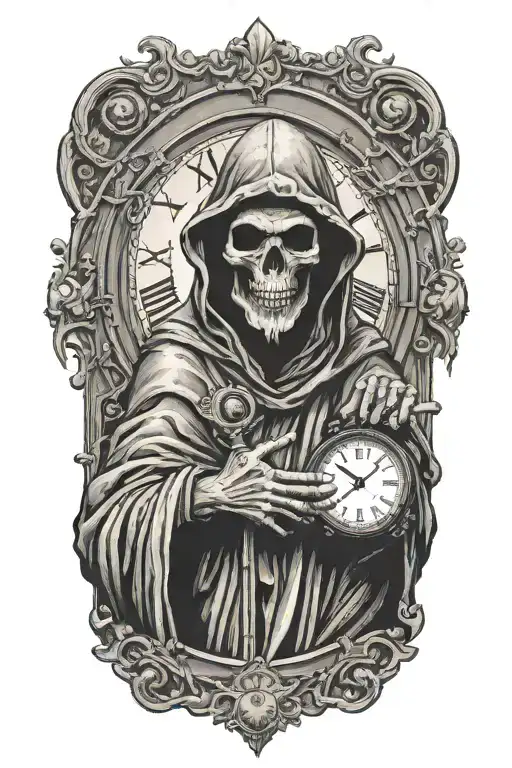 The Statue Of The Death Reaper In A Hoodie Points To An Antique Clock