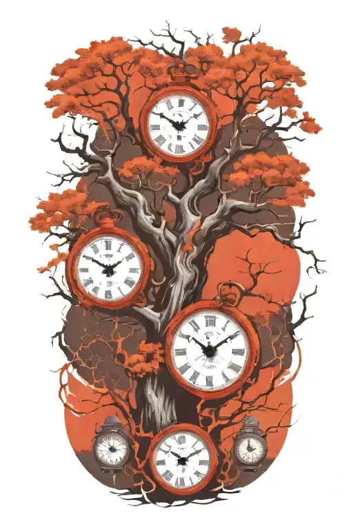 Oak Tree Branches With Three Clocks Integrated Into It For An Arm Sleeve