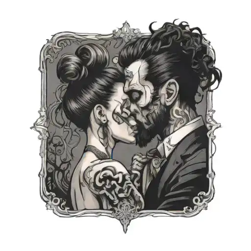 Devil Man With Bun And Curly Hair And Gentlegirl With Straight Hair Kissing Each Other Side