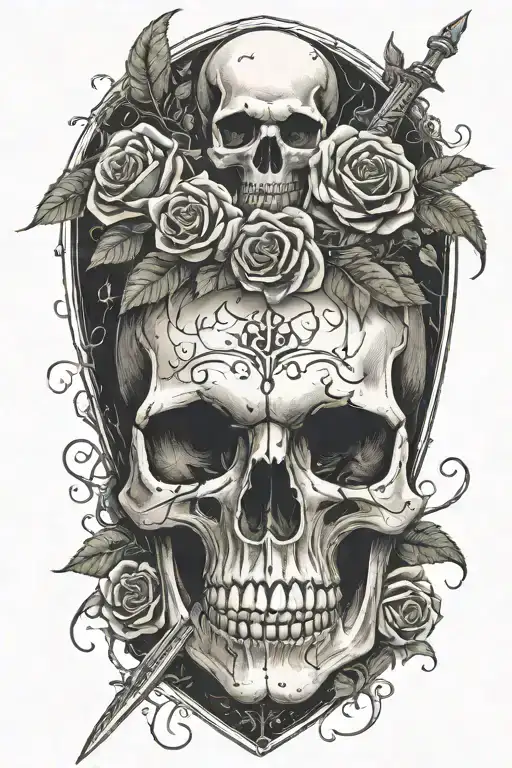 Realistic Design Of Skulls Placed In A Rose Bed And A Long Sword Piercing The Skull From Above