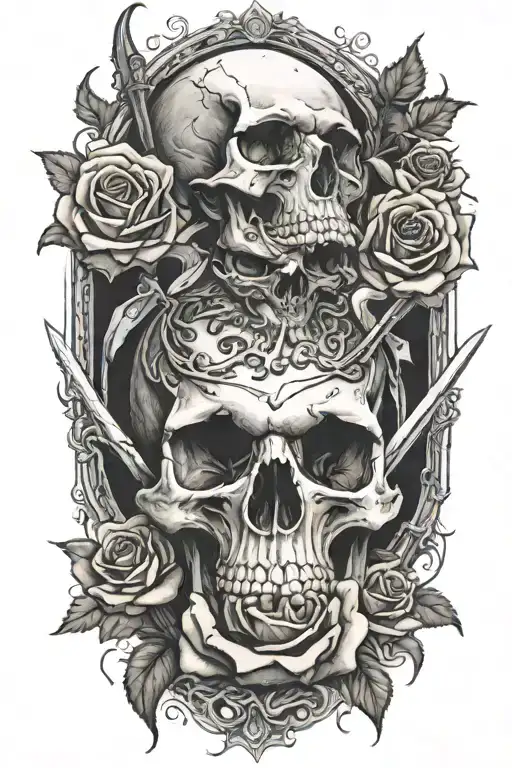 Realistic Design Of Skulls Placed In A Rose Bed And A Long Sword Piercing The Skull From Above