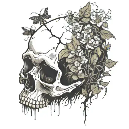 Skull With With Wildflowers Growing Out Of Crack Of Head With Spider