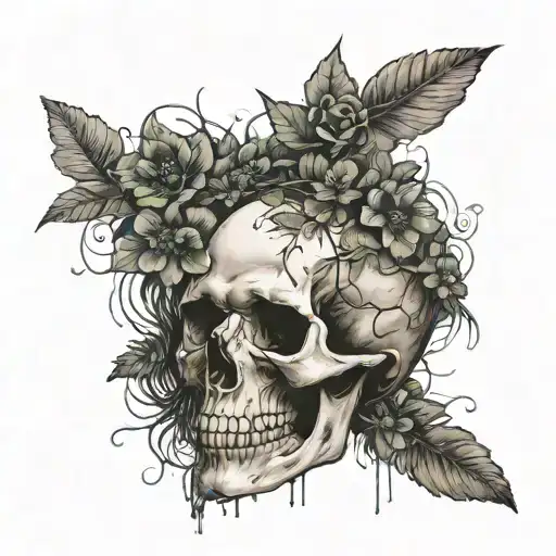 Skull With With Wildflowers Growing Out Of Crack Of Head With Black Widow