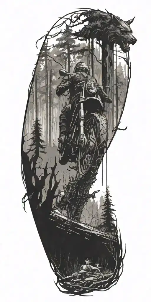A Sketch Of A Motorcycle Riding Through A Forest With Mythical Creatures In The Background